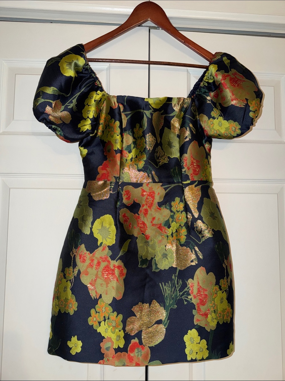 Lulu's Navy Floral Puff-Sleeve Jacquard Dress